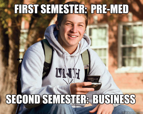 first semester:  pre-med second semester:  business  College Freshman