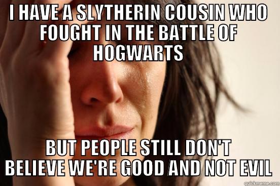 A Slytherin's Lot In Life - I HAVE A SLYTHERIN COUSIN WHO FOUGHT IN THE BATTLE OF HOGWARTS BUT PEOPLE STILL DON'T BELIEVE WE'RE GOOD AND NOT EVIL First World Problems