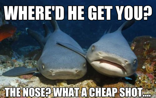Where'd he get you? The nose? What a cheap shot....  Compassionate Shark Friend