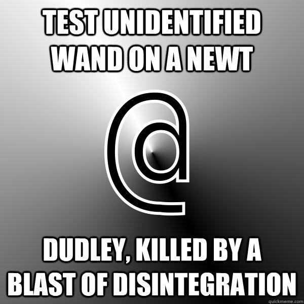 Test unidentified wand on a newt Dudley, killed by a blast of disintegration  