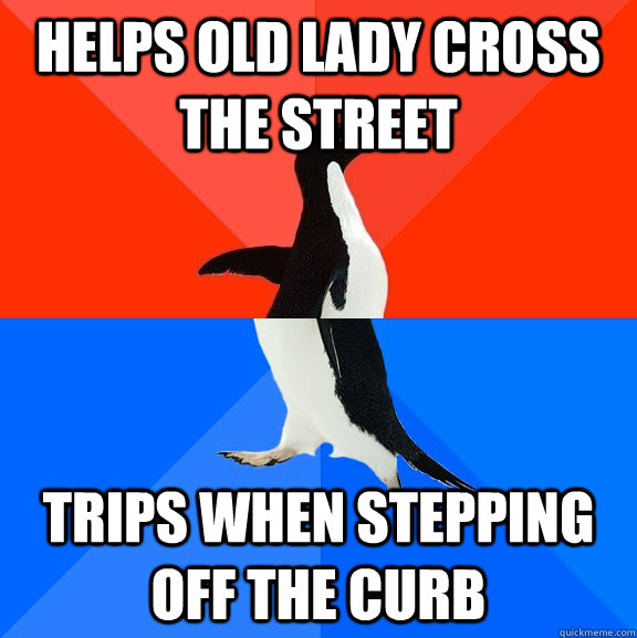 helps old lady cross the street trips when stepping off the curb  Socially Awesome Awkward Penguin