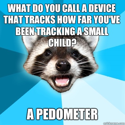 What do you call a device that tracks how far you've been tracking a small child? A pedometer  Lame Pun Coon