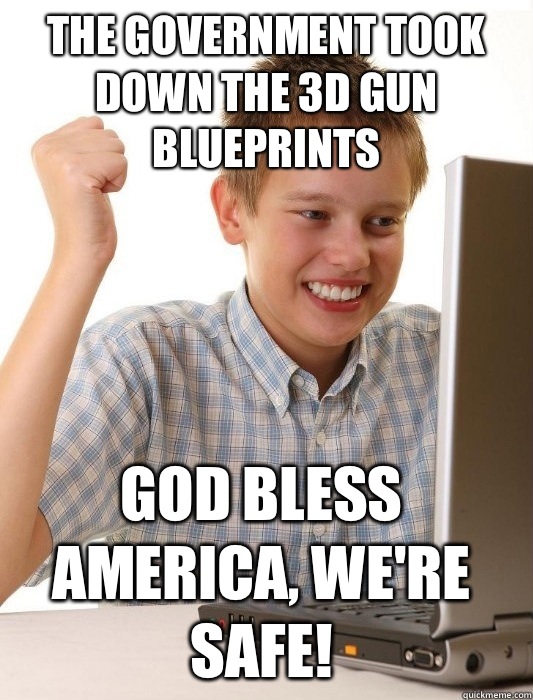 The Government took down the 3D gun blueprints God Bless America, we're safe!  First Day on the Internet Kid