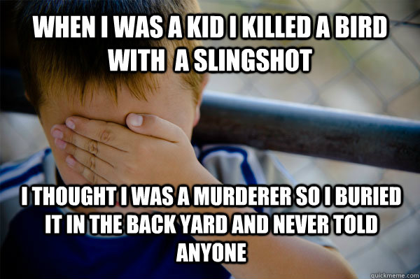 WHEN I WAS A KID i killed a bird with  a slingshot  I thought i was a murderer so i buried it in the back yard and never told anyone   Confession kid