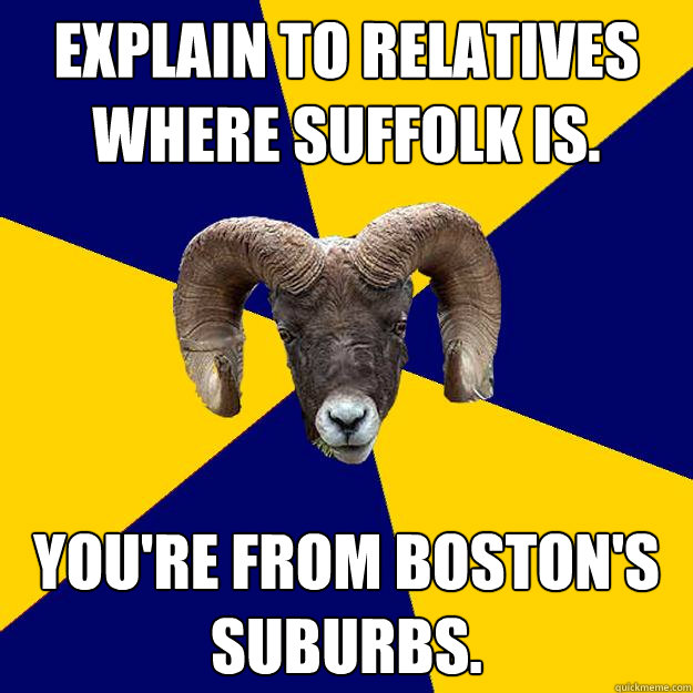 Explain to relatives where suffolk is. You're from Boston's suburbs.  Suffolk Kid Ram