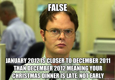 False  January 2012 is closer to December 2011 than December 2012 meaning YOUR christmas dinner is late, not early  Dwight