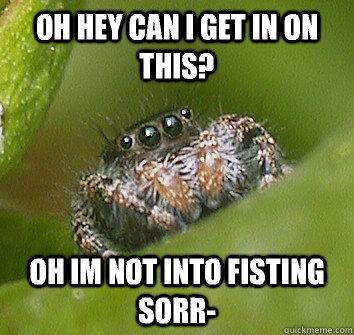 Oh hey can i get in on this? Oh im not into fisting sorr- - Oh hey can i get in on this? Oh im not into fisting sorr-  Misunderstood Spider