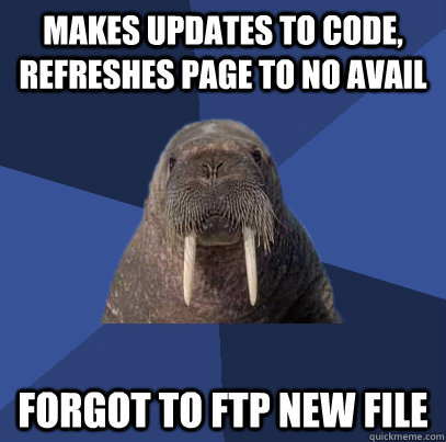 Makes updates to code, refreshes page to no avail forgot to Ftp new file - Makes updates to code, refreshes page to no avail forgot to Ftp new file  Web Developer Walrus