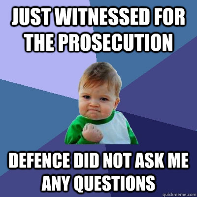 Just witnessed for the prosecution Defence did not ask me any questions - Just witnessed for the prosecution Defence did not ask me any questions  Success Kid
