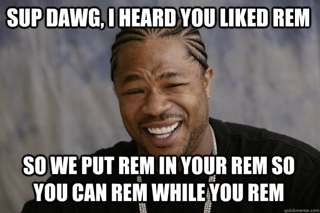 SUP DAWG, I HEARD YOU LIKED REM SO WE PUT REM IN YOUR REM SO YOU CAN REM WHILE YOU REM - SUP DAWG, I HEARD YOU LIKED REM SO WE PUT REM IN YOUR REM SO YOU CAN REM WHILE YOU REM  Xzibit meme