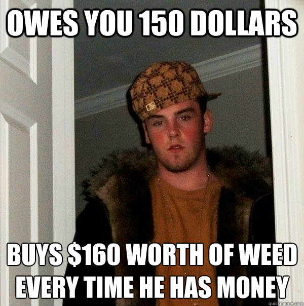 Owes you 150 dollars buys $160 worth of weed every time he has money - Owes you 150 dollars buys $160 worth of weed every time he has money  Scumbag Steve
