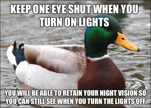 Keep one eye shut when you turn on lights You will be able to retain your night vision so you can still see when you turn the lights off  Actual Advice Mallard