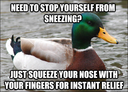 Need to stop yourself from sneezing?  Just squeeze your nose with your fingers for instant relief  Actual Advice Mallard