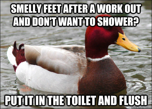 Smelly feet after a work out and don't want to shower? Put it in the toilet and flush  Malicious Advice Mallard