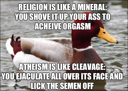 Religion is like a mineral:
You shove it up your ass to acheive orgasm Atheism is like cleavage:
You ejaculate all over its face and lick the semen off - Religion is like a mineral:
You shove it up your ass to acheive orgasm Atheism is like cleavage:
You ejaculate all over its face and lick the semen off  Malicious Advice Mallard