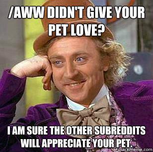 /aww didn't give your pet love? I am sure the other subreddits will appreciate your pet. - /aww didn't give your pet love? I am sure the other subreddits will appreciate your pet.  condensending wonka