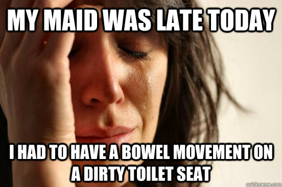 My maid was late today I had to have a Bowel Movement on a dirty toilet seat  First World Problems