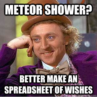 meteor shower? better make an spreadsheet of wishes  Psychotic Willy Wonka