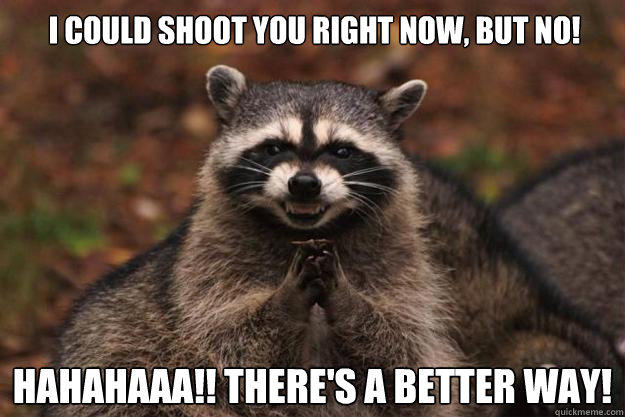 I could shoot you right now, but no! hahahaaa!! There's a better way!  Evil Plotting Raccoon