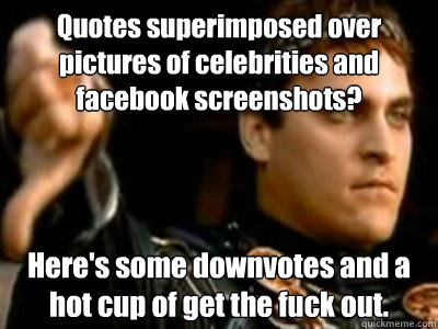 Quotes superimposed over pictures of celebrities and facebook screenshots? Here's some downvotes and a hot cup of get the fuck out.  Downvoting Roman