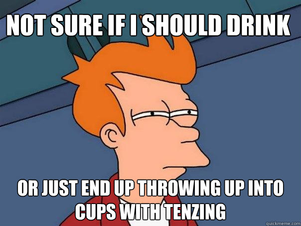 not sure if i should drink or just end up throwing up into cups with tenzing  Futurama Fry