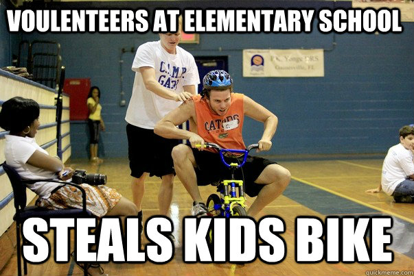 voulenteers at elementary school steals kids bike  rob on bike