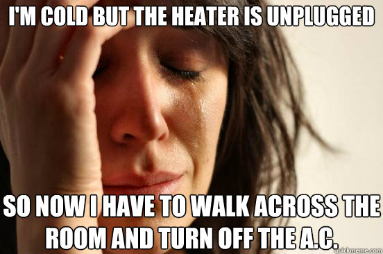 I'm cold but the heater is unplugged so now i have to walk across the room and turn off the a.c.  First World Problems