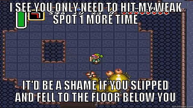 I SEE YOU ONLY NEED TO HIT MY WEAK SPOT 1 MORE TIME IT'D BE A SHAME IF YOU SLIPPED AND FELL TO THE FLOOR BELOW YOU Misc
