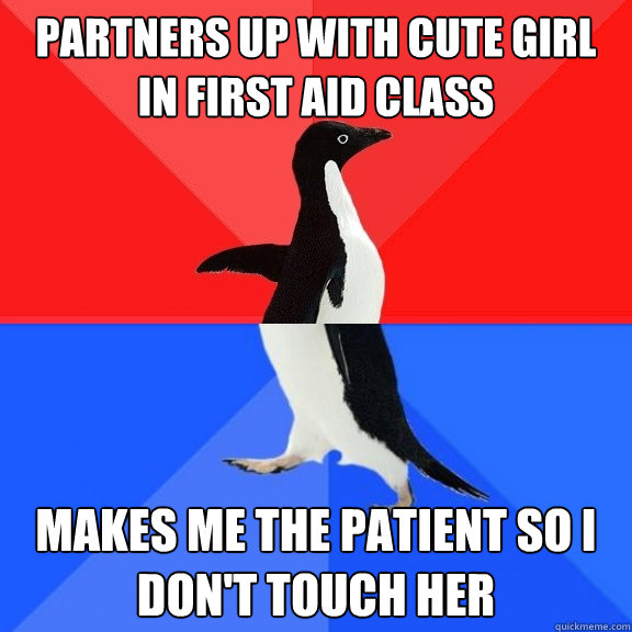 Partners up with cute girl in first aid class makes me the patient so I don't touch her  Socially Awksome Penguin