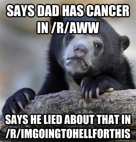 Says dad has cancer in /r/aww says he lied about that in /r/imgoingtohellforthis  Confession Bear
