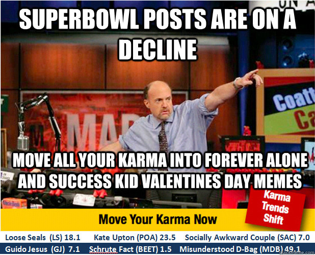 Superbowl posts are on a decline move all your karma into forever alone and success kid valentines day memes  Jim Kramer with updated ticker