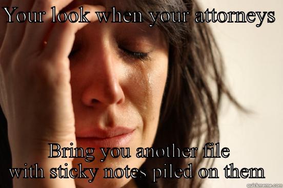 YOUR LOOK WHEN YOUR ATTORNEYS  BRING YOU ANOTHER FILE WITH STICKY NOTES PILED ON THEM  First World Problems