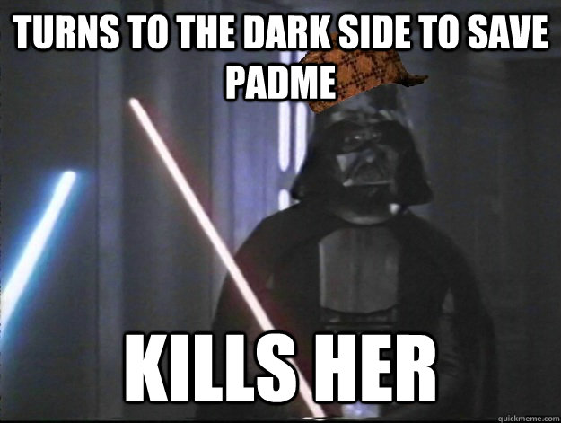 turns to the dark side to save padme kills her  