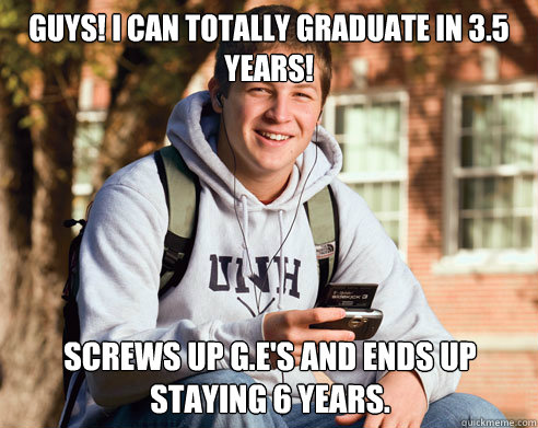 Guys! I can totally graduate in 3.5 years! Screws up G.E's and ends up staying 6 years.   College Freshman