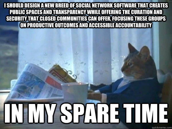 i should design a new breed of social network software that creates public spaces and transparency while offering the curation and security that closed communities can offer, focusing these groups on productive outcomes and accessible accountability in my  morning realization newspaper cat meme