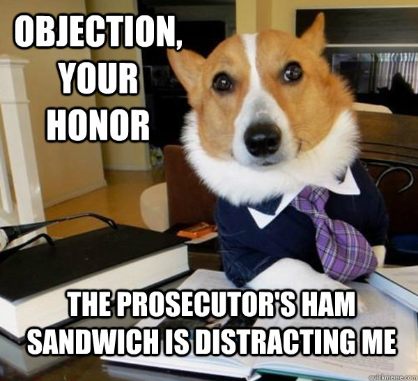 Objection, your honor The prosecutor's ham sandwich is distracting me  Lawyer Dog