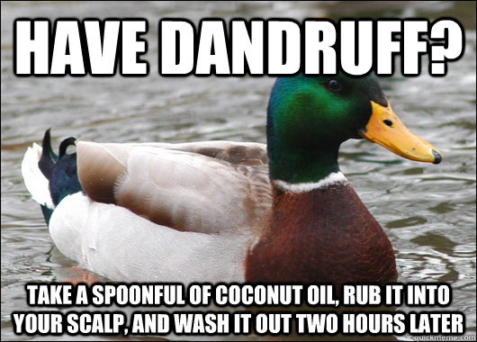 Have dandruff? Take a spoonful of coconut oil, rub it into your scalp, and wash it out two hours later  Actual Advice Mallard