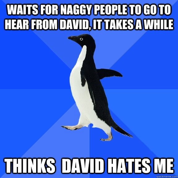 Waits for Naggy people to go to hear from David, It takes a while Thinks  David hates me   Socially Awkward Penguin