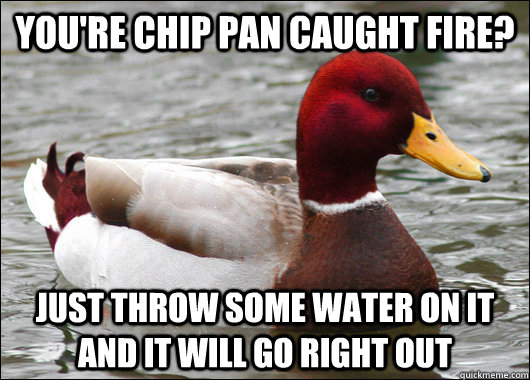 you're chip pan caught fire? just throw some water on it and it will go right out  Malicious Advice Mallard