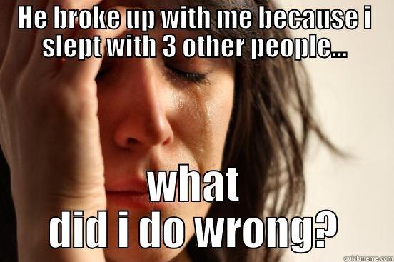 HE BROKE UP WITH ME BECAUSE I SLEPT WITH 3 OTHER PEOPLE... WHAT DID I DO WRONG? First World Problems