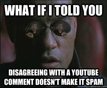 What if i told you Disagreeing with a youtube comment doesn't make it spam  brink what if i told you