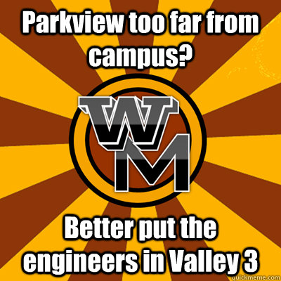 Parkview too far from campus? Better put the engineers in Valley 3  WMU meme