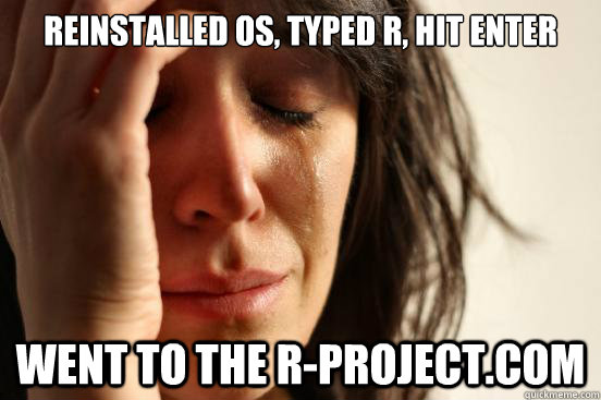 Reinstalled os, typed r, hit enter went to the r-project.com  First World Problems