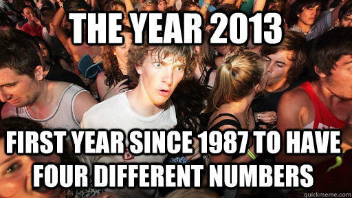 the Year 2013 first year since 1987 to have four different numbers - the Year 2013 first year since 1987 to have four different numbers  Sudden Clarity Clarence