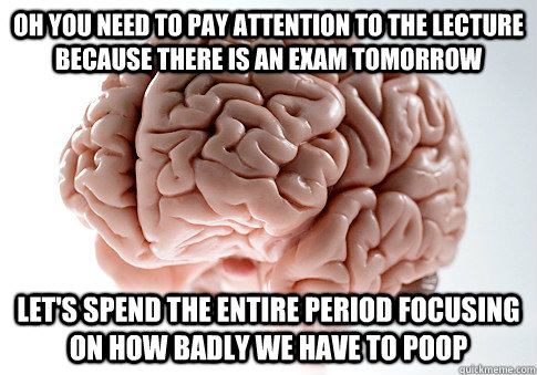 oh you need to pay attention to the lecture because there is an exam tomorrow let's spend the entire period focusing on how badly we have to poop  ScumbagBrain