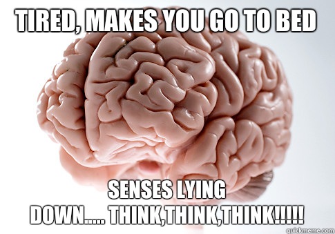 Tired, makes you go to bed Senses lying
down..... THINK,THINK,THINK!!!!! - Tired, makes you go to bed Senses lying
down..... THINK,THINK,THINK!!!!!  Scumbag Brain