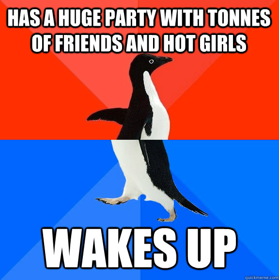 Has a huge party with tonnes of friends and hot girls Wakes up  Socially Awesome Awkward Penguin
