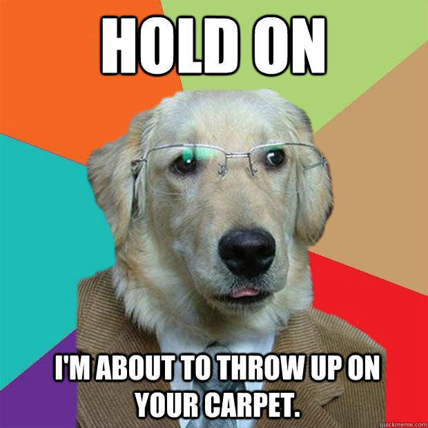 Hold on
 I'm about to throw up on your carpet. - Hold on
 I'm about to throw up on your carpet.  Business Dog