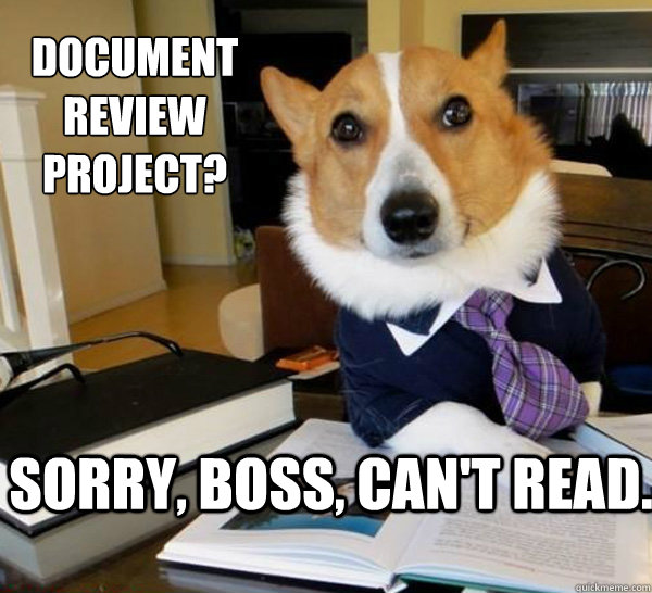 Document review project? Sorry, boss, can't read. - Document review project? Sorry, boss, can't read.  Lawyer Dog