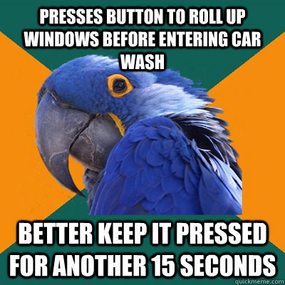 Presses button to roll up windows before entering car wash Better keep it pressed for another 15 seconds  Paranoid Parrot